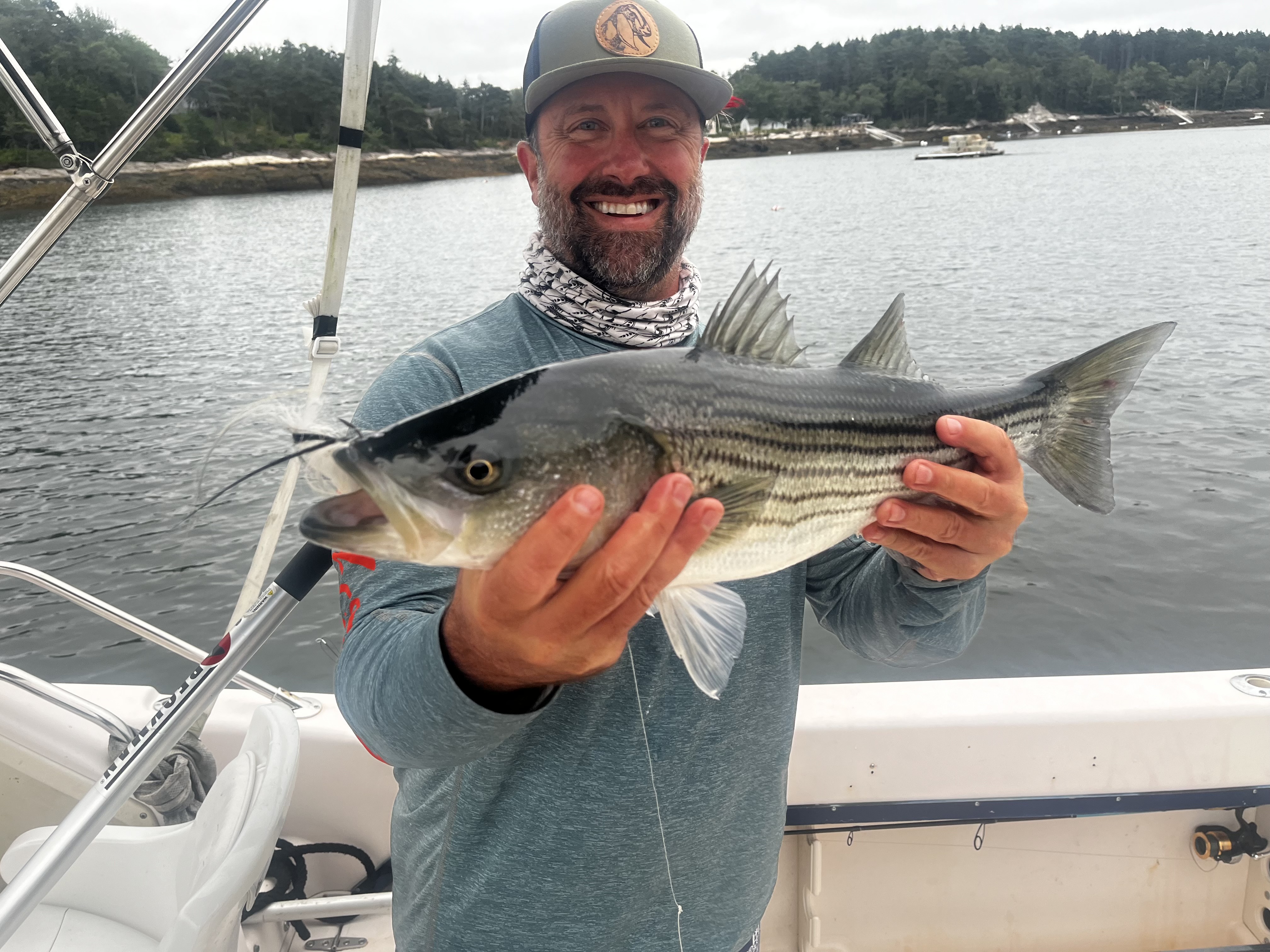 Captain Drew with a striped bass on the fly rod, Maine rocky coast