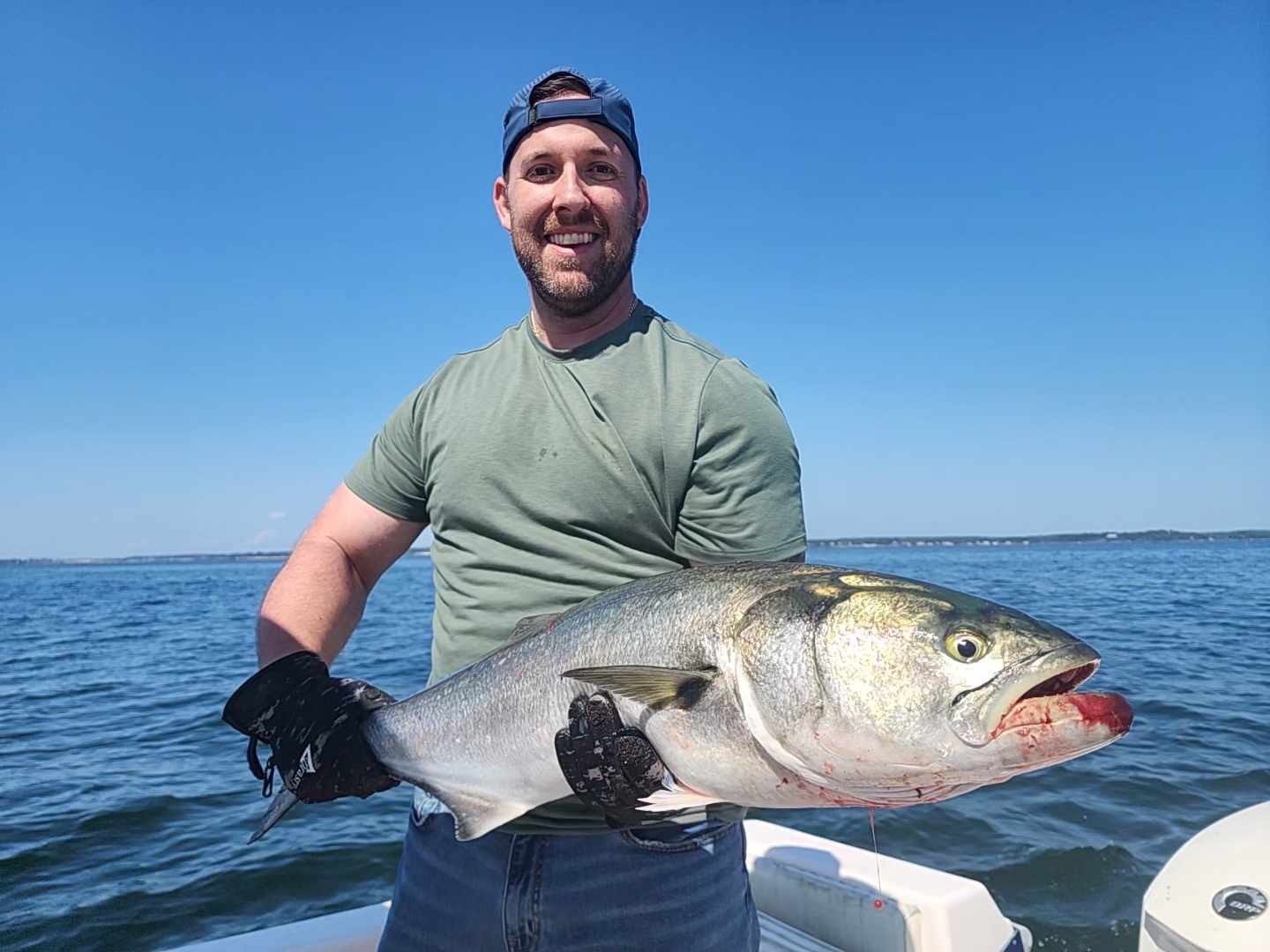 Angler with a trophy bluefish on a perfect Maine day